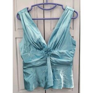 Y2K Jessica Howard Evening Sleeveless Satin Tank Top Size 10 Blue V-Neck Formal